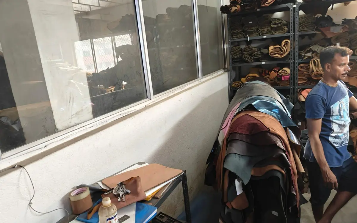 The hide store at Revati Craft, Bantala, with the grading desk in the foreground